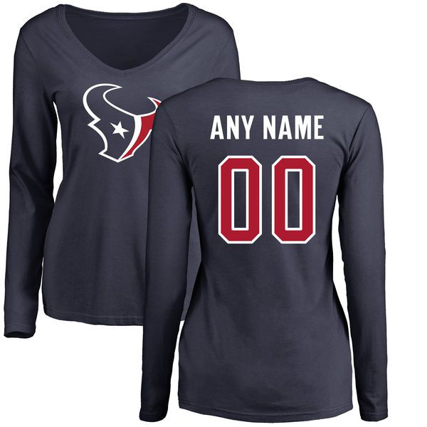 WoMen Houston Texans NFL Pro Line Navy Personalized Name  Number Logo Slim Fit Long Sleeve T-Shirt
